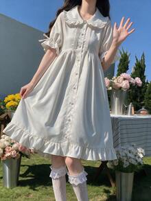 1pc Lolita Soft Girl Ruffled Collar Fairy Dress, Suitable For Holiday Parties, Performances, Cosplay Costume, Includes Dress Only - White - View 2