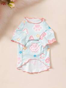 Camiseta para perro con estampado de pata y hueso, ribete de color contrastante, manga corta, ajustada y que cubre el vientre, ropa diaria para cachorro - Celeste - Ver 5