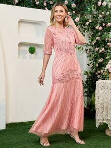 JINLICX Luxury Dusty Pink Round Neck Beaded Sequin Mesh Flowy Banquet Evening Gown - Pink - View 4