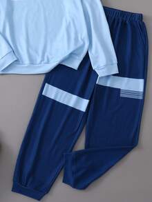 Boys' 2-Piece Set, Light Blue Round Neck Striped Top With Navy Blue Colorblock Jogger Sweatpants, Simple Daily Commute Student Versatile Casual Outfit, Autumn/Winter - Blue - View 6