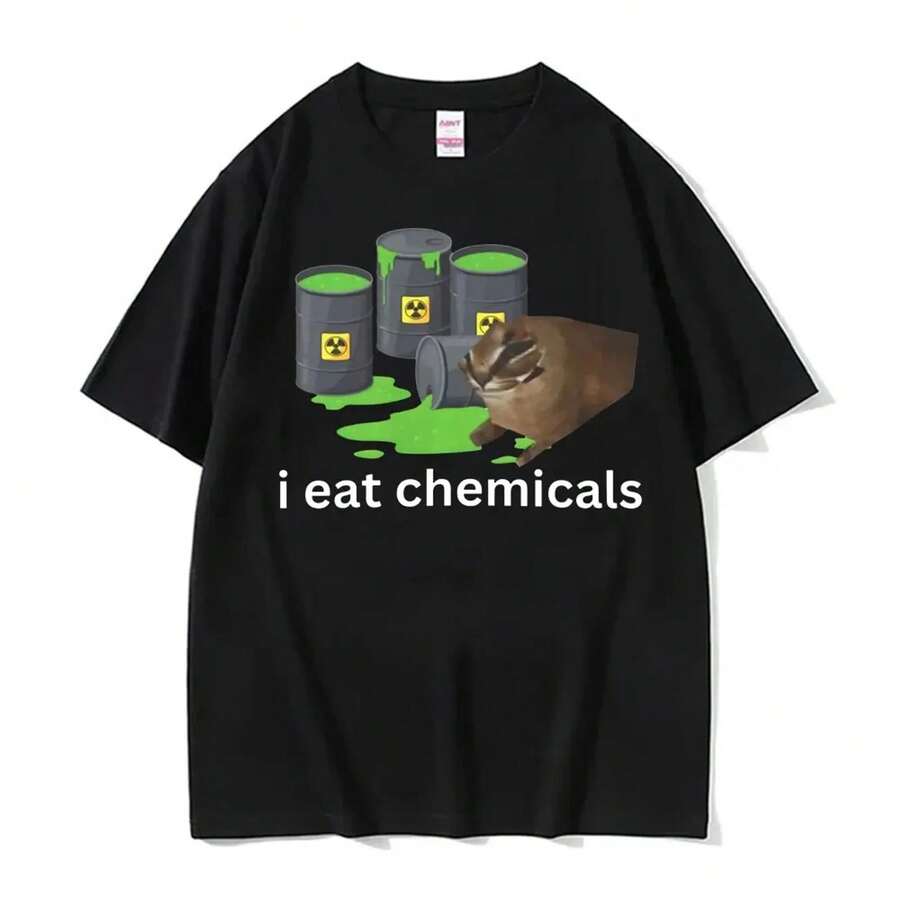 Chemisch-thematisches T-Shirt mit Phrasen wie Chemiker, visuellen Elementen, radioaktiven Fässern und mutierten Tieren, lustiger Grafikstil für junge Leute, locker - Schwarz - Übersicht 1