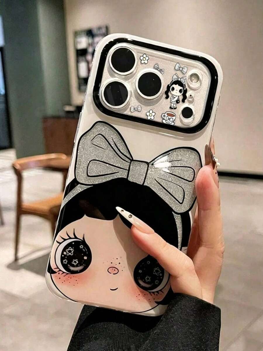 1pc Cute Doll Phone Case, High-Definition Printing Glitter Lens Frame + Large Bow Pattern, Scratch-Resistant Wear-Resistant Full Coverage Soft Shell, Compatible With Apple 17/16/15/14/13 Pro Max, Sweet And Cute Style, Daily Anti-Drop And Anti-Scratch Protection - Black and White - View 1