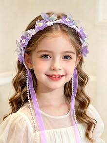 Children's Braided Hairband Flower Crown Headband For Girls, Princess Style Fairy Ribbon Hair Clip Head Accessory - 彩色 - 查看 2