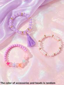 3pcs/Set Girls Colorful Beaded Bracelets, Cartoon Pendant Bow Tassel Bracelet Set, Suitable For Daily Decoration And Gift Giving - Multicolor - View 12