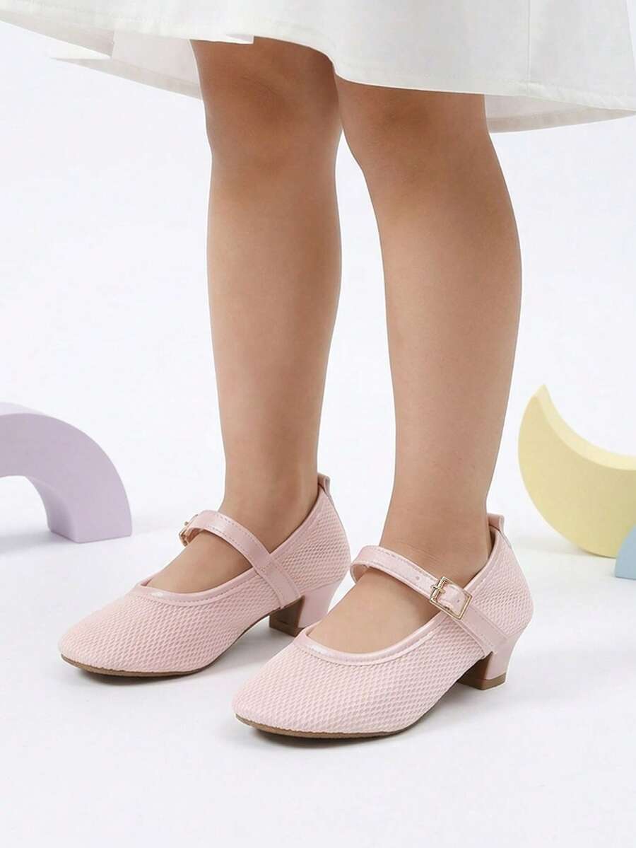 1 Pair Girls Pink Mesh With Pink Pearlescent Strap Buckle Sweet Style High Heel Sandals Suitable For Shopping And Performance - Pink - View 1