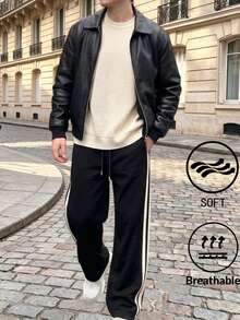 1pc Men's Quick-Dry Casual Sports Long Pants, Striped Design, Drawstring Elastic Waist, Suitable For Summer Basketball, Fitness Training - Black - View 3