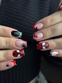 24pcs Halloween Fake Nails Spider Design Red Rhinestone Embellished Fashion Holiday Atmosphere Accessory Women's Accessory Press-On Removable Reusable Nail Set Perfect For Holiday Party Daily Wear Gift Choice - Multicolor - View 6