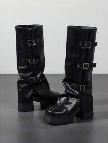 3-Buckle Ruched Stacked Thick Sole Chunky Heel Knee-High Boots, Plus Size Women's Y2K Nightclub Sweet & Cool Style - Black - View 3