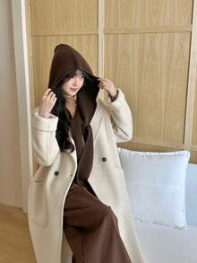 Casual Chic Women's White Wool Overcoat, Full Length Regular Fit With Hood And Buttons, Ideal For Winter. - Beige-brown - View 5