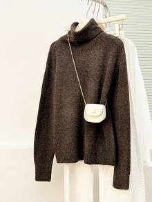Women's Cozy Chocolate Brown Knit Turtleneck Sweater, Long Sleeve Pullover For Fall & Winter Daily Wear - Brown - View 6