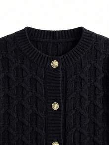 Knit Mix Elegant Women's French Style Autumn/Winter Knit Cardigan, Casual Daily Home Basic Outerwear Black Fall - Black - View 9