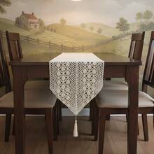 1PCPolyester, Hand Crocheted Look, Geometric Small Diamond Pattern, Delicate Openwork, Bohemian Style Tablecloth, Table Runner, Placemat, Table Cover, Fireplace Throw Perfect For Home Decor, Family Gatherings, Holiday Decorations, And Outdoor Picnics - Khaki - View 3