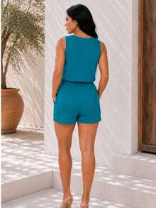 Women's Loose Tank Top With Wide Straps + Shorts Set, Elegant Casual Luxury Outfit - 石油綠 - 查看 3
