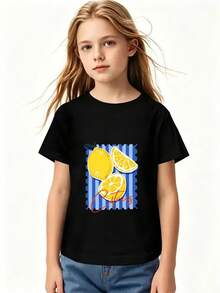 Tween Girl Lemon Pattern Blue Striped Border And "Citrus" Text Print T-Shirt - Black - View 4