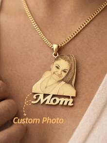 Personalized Photo Name Necklace, Customized Engraved Photo Pendant Necklace, Mother's Day Gift, Necklace, Stainless Steel Jewelry, Women's Men's Name Photo Pendant, Summer Jewelry, Family Member Accessory Gift, Mother's Day Gift - Multicolor - View 2
