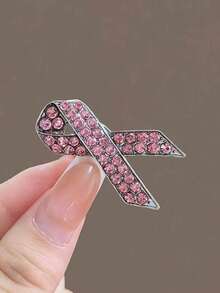 1 PC Retro Full Diamond Pink Ribbon Brooch - Silver Powder - View 1