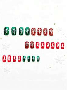 24 Peças de Unhas Postiças Curtas Brilhantes com Padrão de Floco de Neve de Natal, Adesivos de Unha de Rena, Removíveis e Reutilizáveis, Unhas Postiças Multicoloridas para Viagem, Festa, Eventos e Feriados - Vermelho - Visão 4