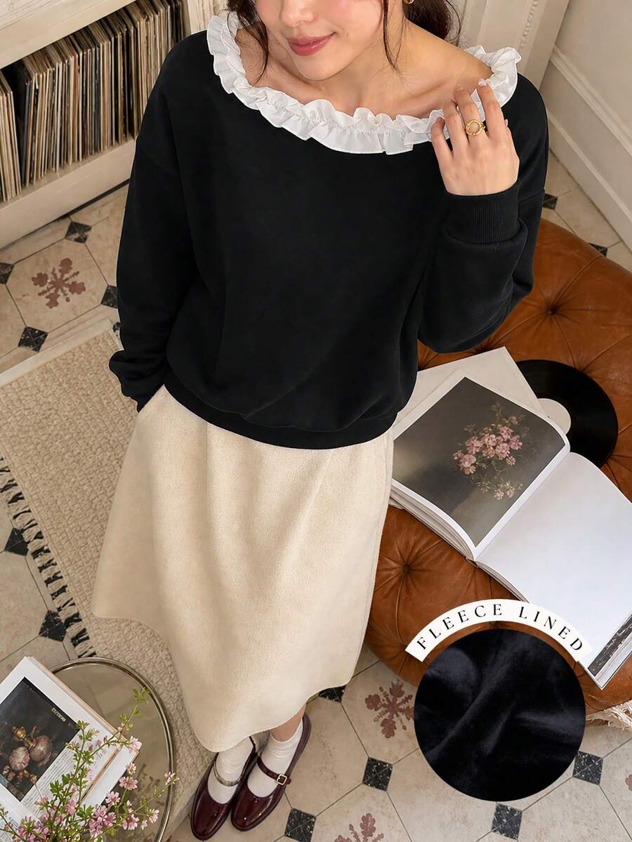 Women's Black Fleece Lined Sweatshirt, Ruffle Collar, Pleated Details, Long Sleeve, Perfect For Autumn - Black - View 1