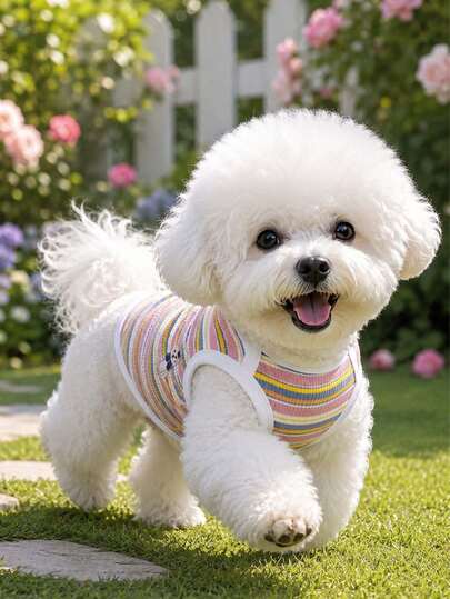 1pc Stretchy Striped Pet Vest With Embroidery, Colorblock Summer Shirt, Comfortable Cat Apparel, Pet Clothes,Puppy Clothes,Small Dog Outfits For Photo Prop.For Small Dogs & Cats, Poodle, Bichon Frise.