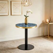 Modern Round Side Table With A Gold Stainless Steel Frame, Marble-Effect Top For Living Room, Luxury Side Table With A Sturdy Base. - 藍色 + 中密度纖維板 + 金屬 - 查看 6