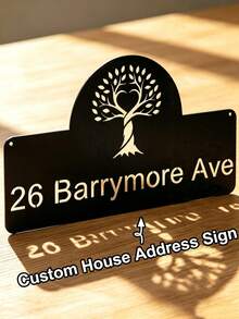 4 Sizes Available! Custom House Name Sign, Modern Hollow Tree Of Life Metal House Number Plate, Personalized Address Sign, House Sign, Porch Sign, Front Door Sign, Housewarming Gift - Black - View 1