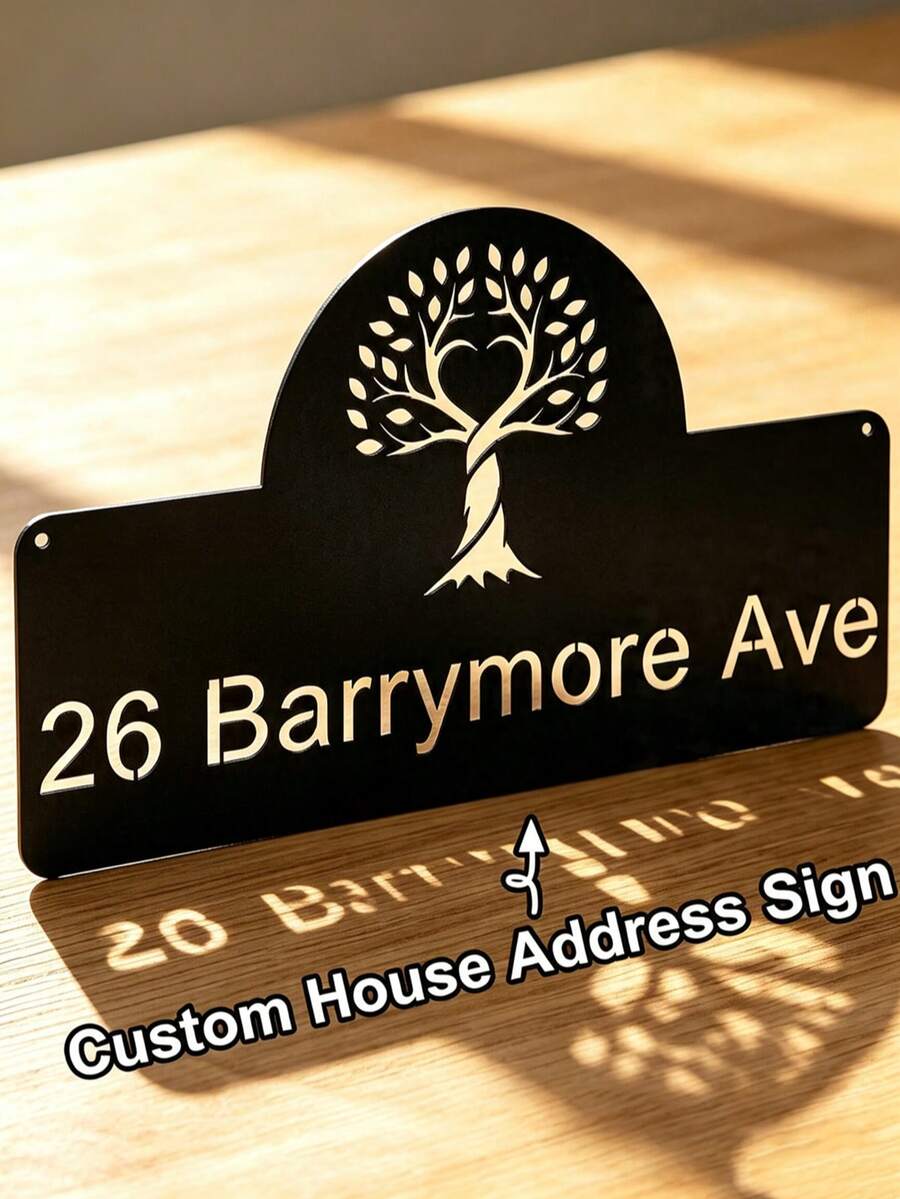 4 Sizes Available! Custom House Name Sign, Modern Hollow Tree Of Life Metal House Number Plate, Personalized Address Sign, House Sign, Porch Sign, Front Door Sign, Housewarming Gift - Black - View 1