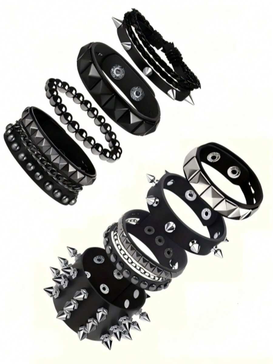 1/4pcs Punk Style Leather Rivet Bracelet Unisex 80s Gothic Spiked Wristband Set Rock Style Accessory - Black - View 1
