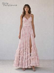 Pink Floral Chiffon V-Neck Backless Tiered A-Line Maxi Dress - 粉色 - 查看 7
