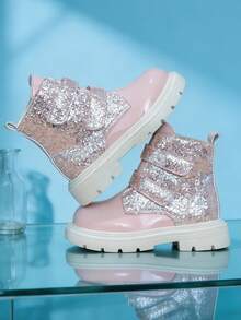 1 Pair New Pink Knight Style Boots, PU Shiny Glitter Patchwork Double Hook & Loop Closure Girls Boots, Non-Slip Wear-Resistant Thick Sole Fashionable Student Boots, Suitable For Kids Daily Wear, Versatile Princess Style, Autumn/Winter New - Pink - View 5