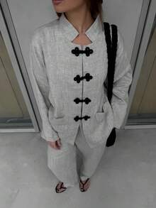 Women's Regular Length Woven Grey Shirt Blouse, Non-Stretch Fabric, Stand Collar Long Sleeve Shirt, Dropped Shoulder Design, Front Button Pocket For Layering - Grey - View 9
