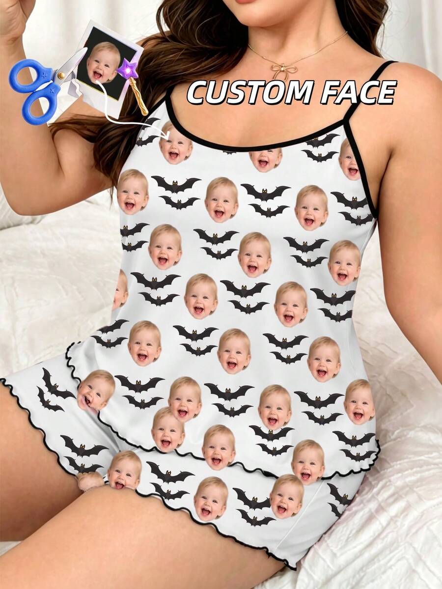 Set Piyama Halloween Wanita Motif Wajah Kustom, Foto Bayi yang Dipersonalisasi, Atasan Camisole Kelelawar Menyeramkan dan Celana Pendek Berenda di Bagian Bawah, Set Pakaian Dalam Santai - MultiWarna - View 1