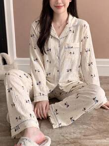 2pcs/Set Women's Cartoon Textured Lapel Loungewear, Autumn/Winter Button-Up Long Sleeve Long Pants Pajama Set, Suitable For Outdoor Wear, All Seasons - Apricot - View 5