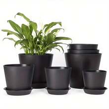 7-Pack White And Black Plastic Plant Pots, Multi-Size Flower Pots With Trays - A - View 7