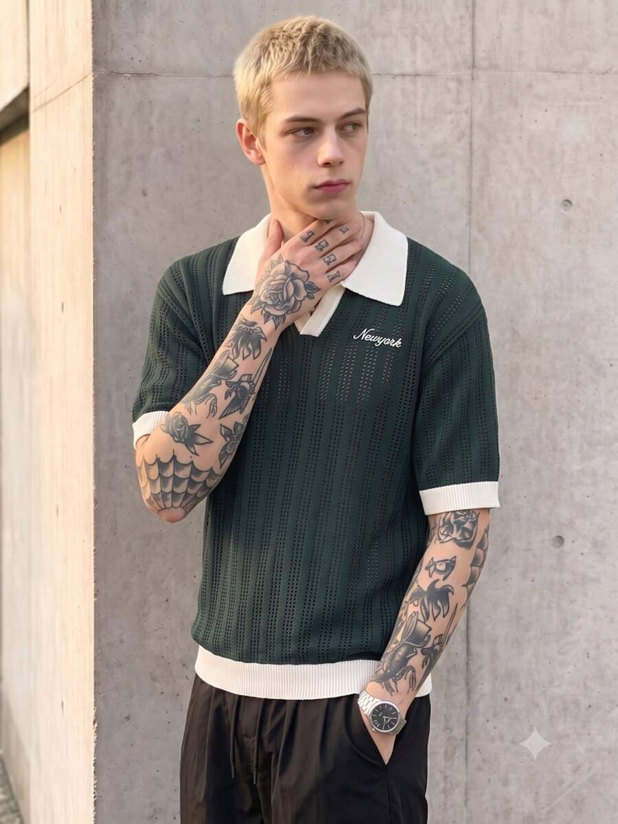 BLACKTOEXIT Men's Knitted Polo Shirt With Contrast Color Collar,Slightly Loose Dark Green With White Trim, English Embroidery, V-Neck Polo Top For Spring/Summer - Green - View 1