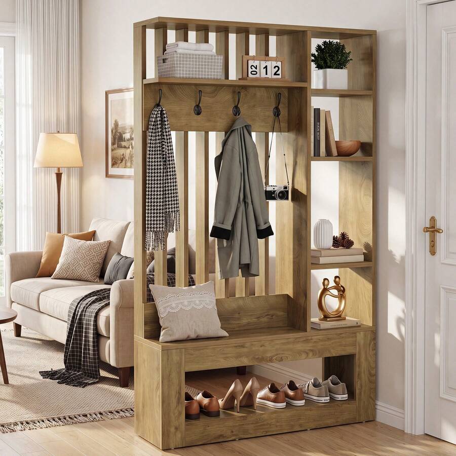 LITTLE TREE Wall Room Divider With Shelves And Coat Hooks, 5-In-1 Freestanding Partition With Bench For Entryway, Living Room, Brown - Brown - View 1