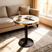 Modern Round Side Table With A Gold Stainless Steel Frame, Marble-Effect Top For Living Room, Luxury Side Table With A Sturdy Base. - White + MDF - 查看 4