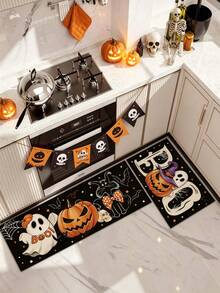 1/2pcs Halloween Kitchen Decor Rug, Cute Ghost Pumpkin Cat Kitchen Rug And Mat, Non-Slip Washable Absorbent Kitchen Accessories Decorative Mat - Multicolor - View 3