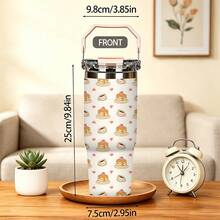 1/5pcs 30oz Vacuum Insulated Tumbler With Gift Box, Cream White Pancake Coffee Cup With Heart Cartoon Print, Foldable Portable Handle, Double Flip Lid Leak-Proof Cup Cover, Double Wall Mug, Suitable For Breakfast Daily, Warm Heart Food Theme Brunch Lover Gift - Dessert - View 8