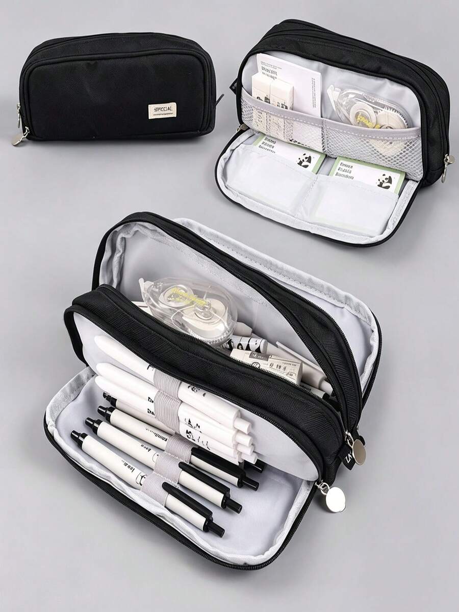 1/2pcs Large Capacity Black Multi-Compartment Pencil Case, Cute Stationery Storage, Portable Pencil Pouch, Student Back To School Essential, School Supplies, Classroom Necessity, College Dorm Necessity, School Pencil Case, Women's Pencil Case, Back To School Season - Multiple Styles - View 1