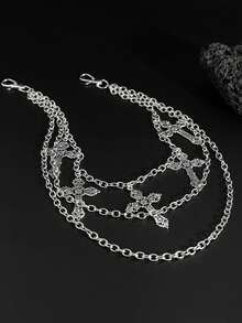 1pc Gothic Style Multi-Layer Stacked Cross Tassel Pendant Geometric Chain Body Chain Pant Chain, Vintage Hip Hop, Holiday Party, Casual Daily, Street Photography, Men's Couple Birthday Banquet Versatile Charming Jewelry Pant Chain Gift - Silver - View 3