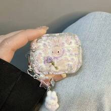 1pc Cute Floral Bunny Print Earphone Protective Case With Plush Bunny Charm, Purple Flower Clear Shockproof TPU Wireless Earbud Cover 1/2/3/4/Pro/Pro2(Nd)/Pro(3rd) - Mauve Purple - View 7