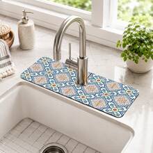 1pc Printed Pattern Diatomaceous Earth Faucet Absorbent Mat, Quick-Drying Non-Slip Sink Splash Guard, Rubber Bottom Kitchen Bathroom Faucet Drainage Pad, Countertop Splash Protection Mat - Multicolor - View 1