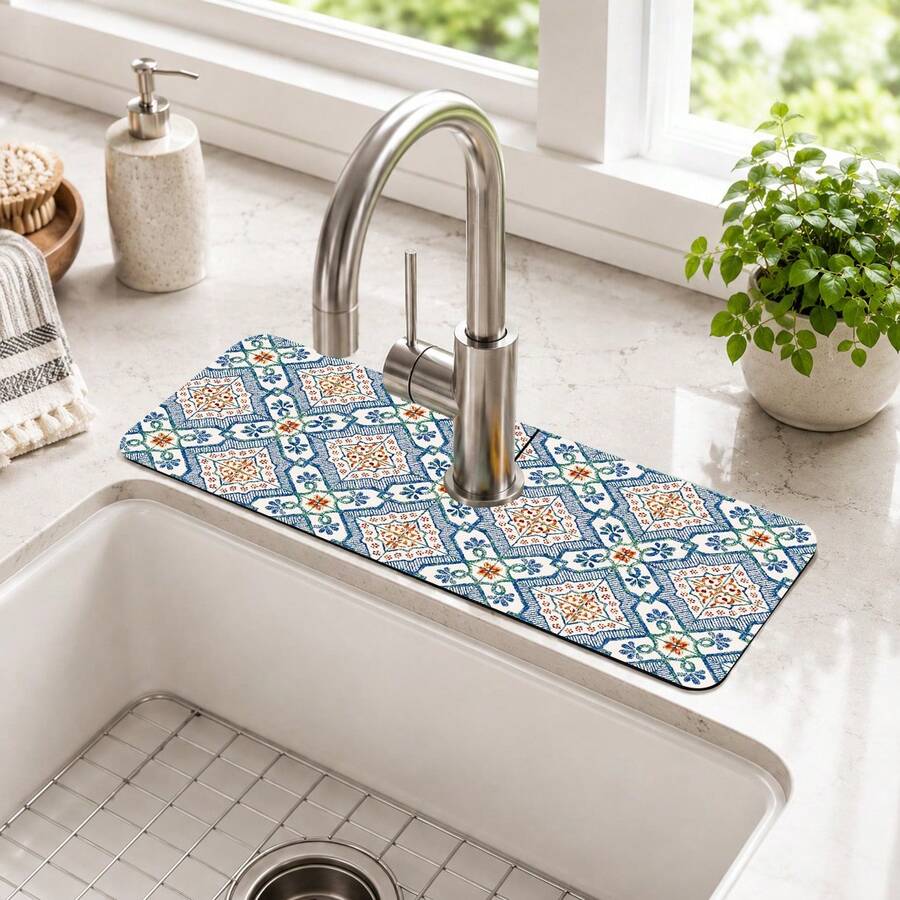1pc Printed Pattern Diatomaceous Earth Faucet Absorbent Mat, Quick-Drying Non-Slip Sink Splash Guard, Rubber Bottom Kitchen Bathroom Faucet Drainage Pad, Countertop Splash Protection Mat - Multicolor - View 1