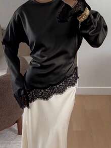 女款優雅通勤緞面襯衫，蕾絲拼接圓領長袖繫腰上衣，純色梭織布蕾絲拼接不對稱設計，優雅辦公日常約會（白色半透）黑色，Office Siren - 黑色 - 查看 8