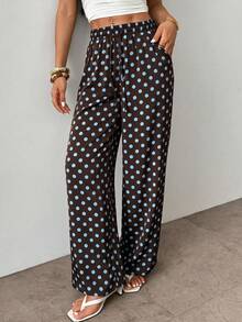 2026 New Vintage Relaxed Polka Dot Colorblock Wide Leg Pants Women Loose Comfortable Lightweight Casual Pants - Brown - View 4
