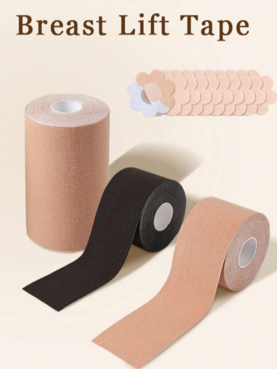 2 Rolls Foldable Breast Lift Tape, Seamless Self-Adhesive Disposable Tape, Elastic Sports Bandage, Universal Size A-F, Khaki/Black