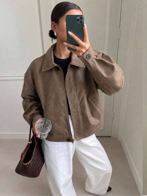 Lässige Kurzjacke in Kaffeefarbe mit Revers, einreihig, Drop-Shoulder und lockerer Passform