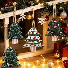 6Pcs Snowflake Stocking Print Tree Shaped Gift Bags, Festive 100% Polyester Drawstring Mini Candy Pouch Hanging Ornament For Xmas Party Decor - Multicolor - View 2