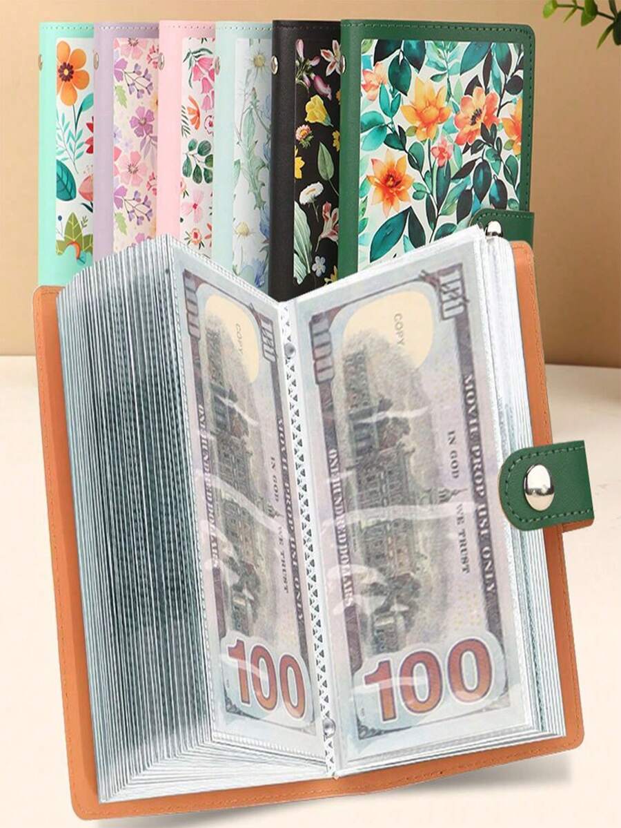 1pc PU Leather Printed Envelope Style Savings Challenge Binder, Portable Large Capacity Money Budget Folder, Universal Cash, Card, Photo And Stamp Storage Organizer, Office Multi-Functional Storage Organizer - Multicolor - View 1