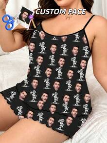 Custom Photo Face Halloween Skeleton Women's Pajamas, Personalized Spooky Camisole & Shorts Set, Halloween Party Costume - Multicolor - View 2